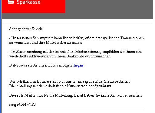 A-I3 HINWEIS: Neue Phishing-Mail gegen die Sparkasse